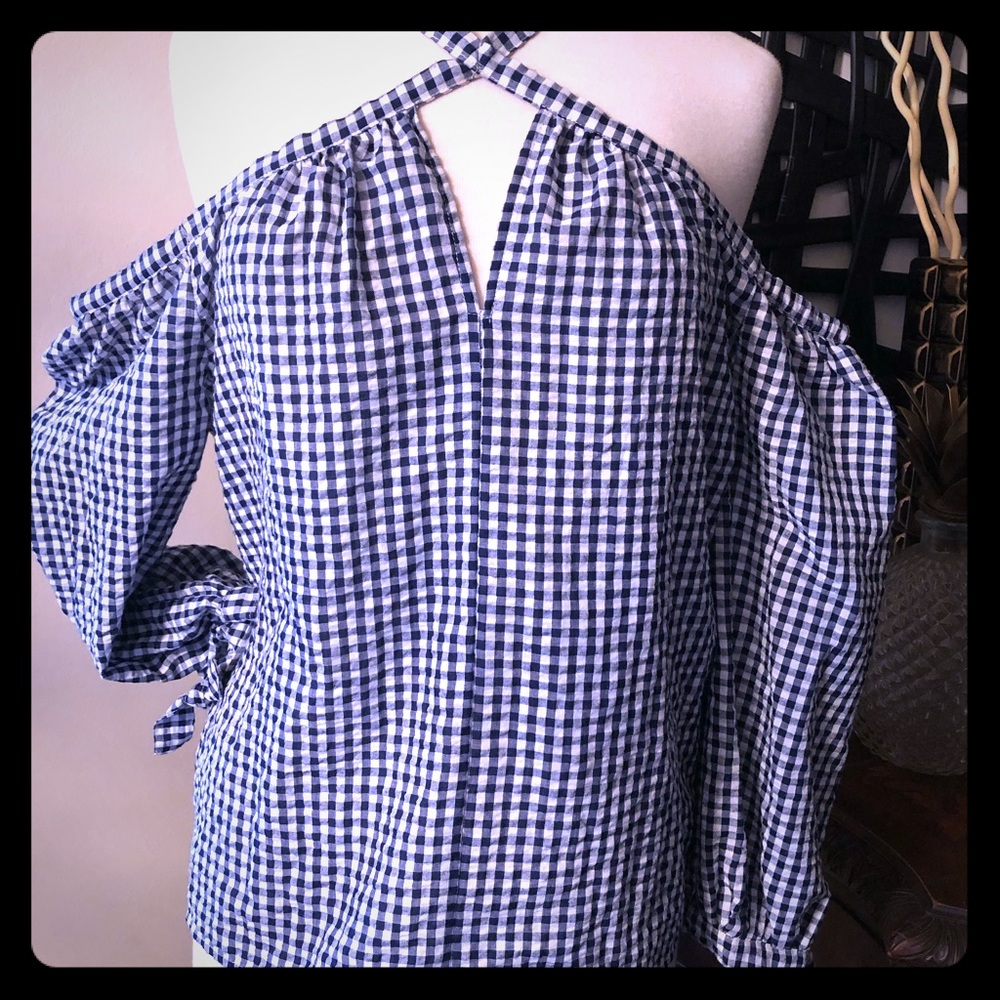 Miss Me - Gingham Check Cold Shoulder Top